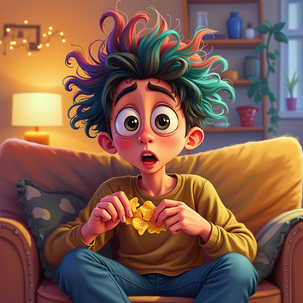 AI generated image by FLUX.1-pro: A Pixar-style animated character with messy, colorful hair and big, expressive eyes. He's sitting on a cozy couch, looking at his nails with an expression of surprise and amusement, as if he's about to eat potato chips. The background is a cheerful living room with soft lights and fun decorations. Colored hand sketch style
