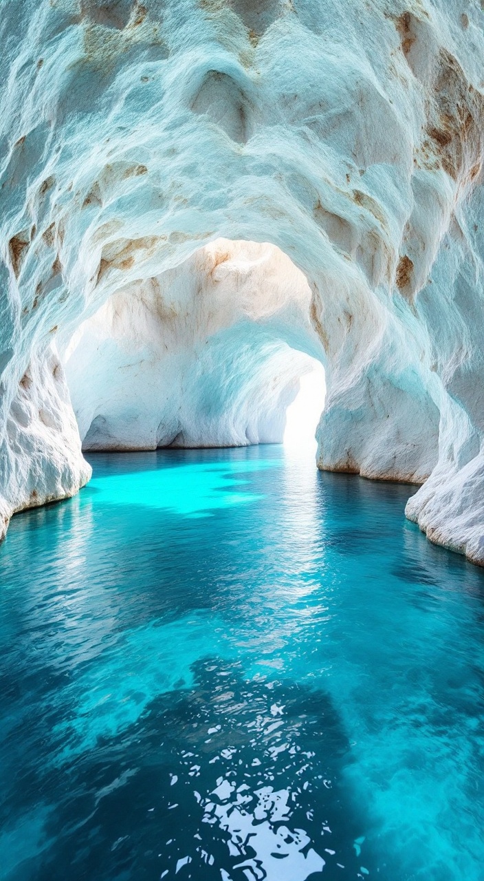 AI generated image by FLUX.1-pro: Image 01 – Empty starting location (no person)
Exact same view as the reference photo of the white limestone sea cave with turquoise water, natural rock ceiling, ocean and white cliffs outside, bright daylight, no person, photorealistic, 9:16