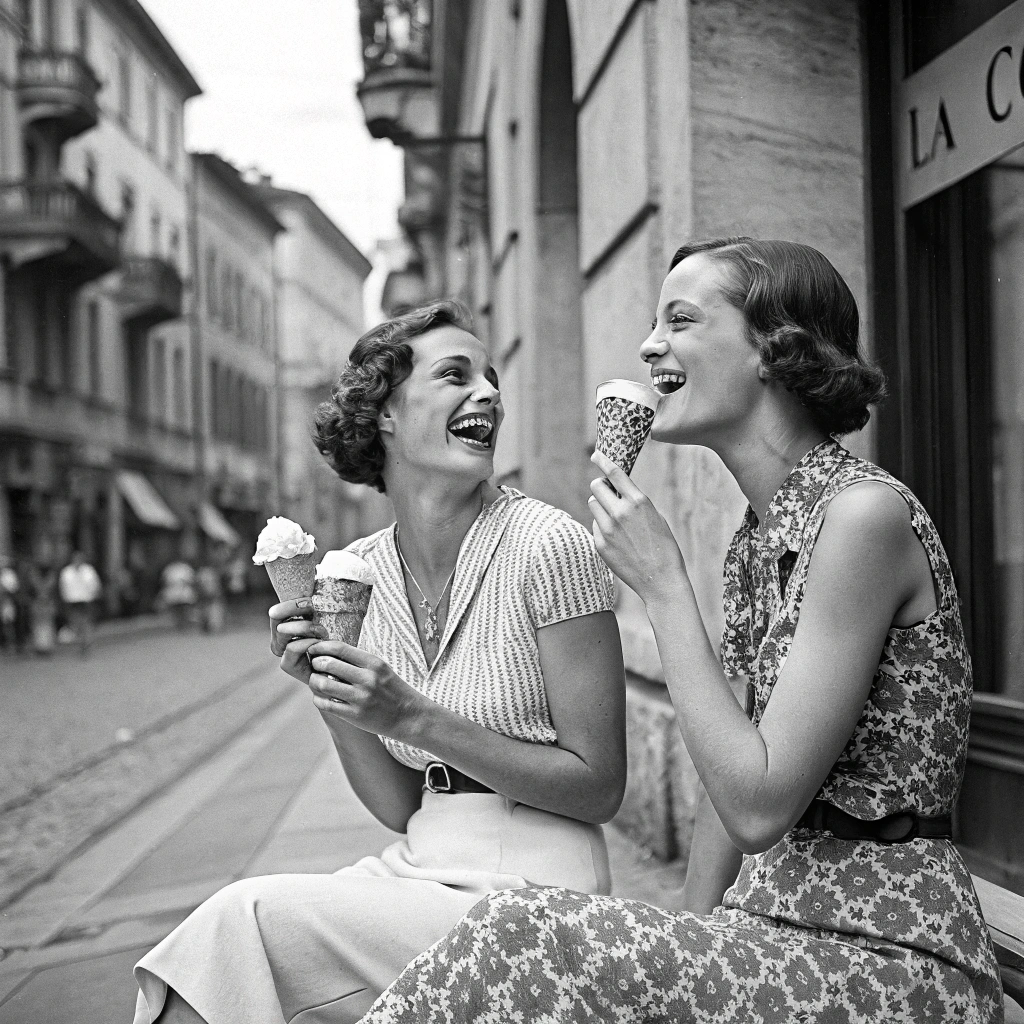 AI generated image by FLUX.1-schnell: a black and white nostalgic photo of two beautiful italian young women eating gelator in the 30s in a cute Milan street, laughing in summertime. heavy grain and nostalgia feel