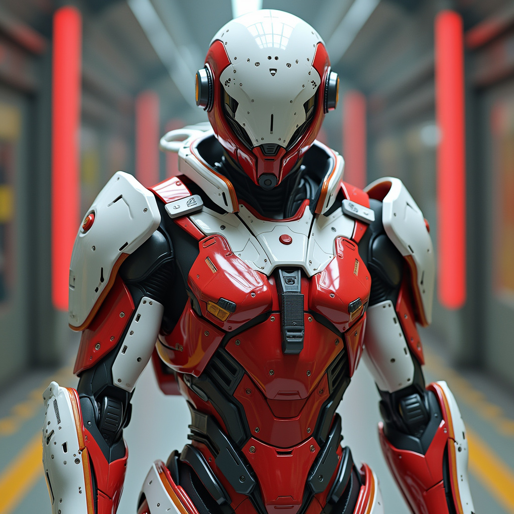 AI generated image by FLUX.1-pro: Futuristic armored warrior in a sleek Red and white exosuit 