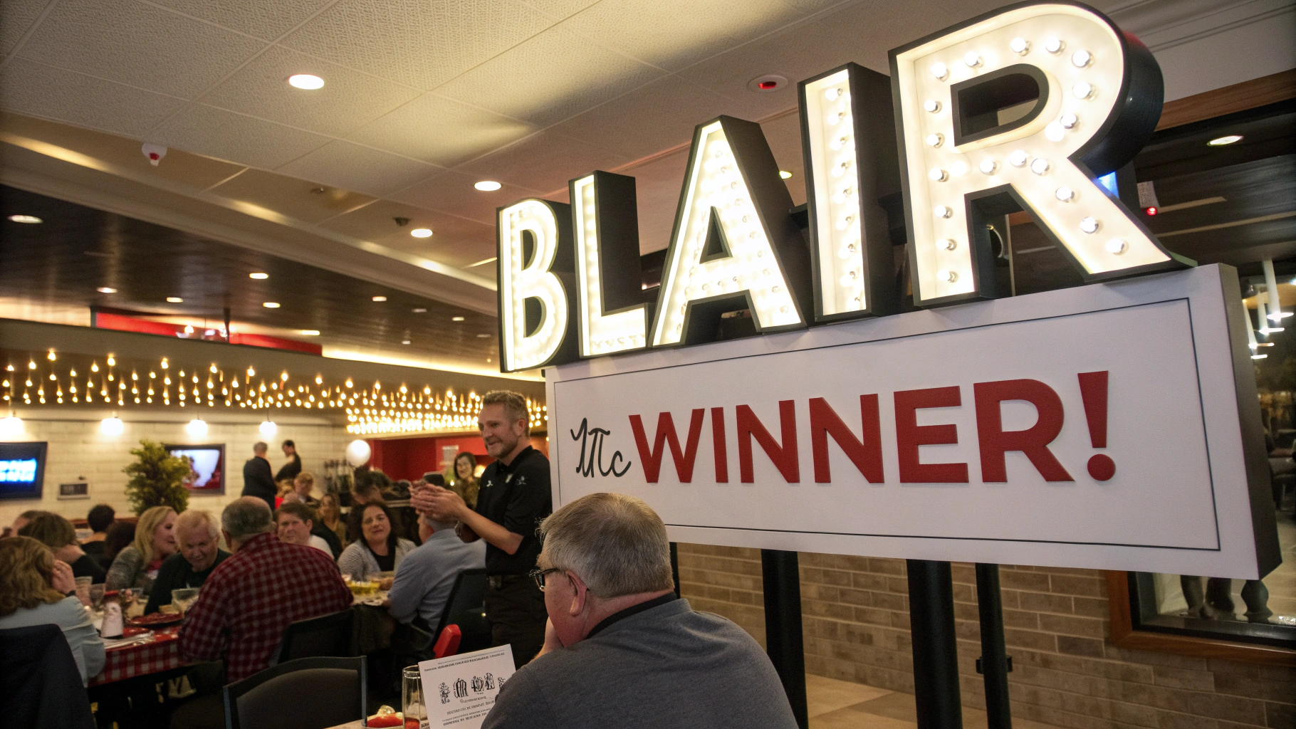 AI generated image by Red Panda AI: Restaurant survey winner announced.  "And, the winner is..." in big, bold text, strong font, "Blair, Nebraska" is the town.