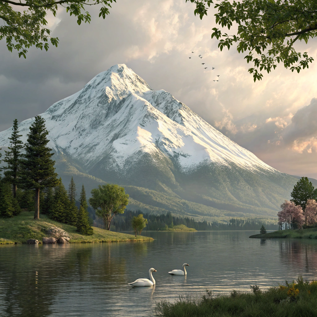 AI generated image by Red Panda AI: realizar una montaña  que este cubierta de nieve y con un lago con cisnes
