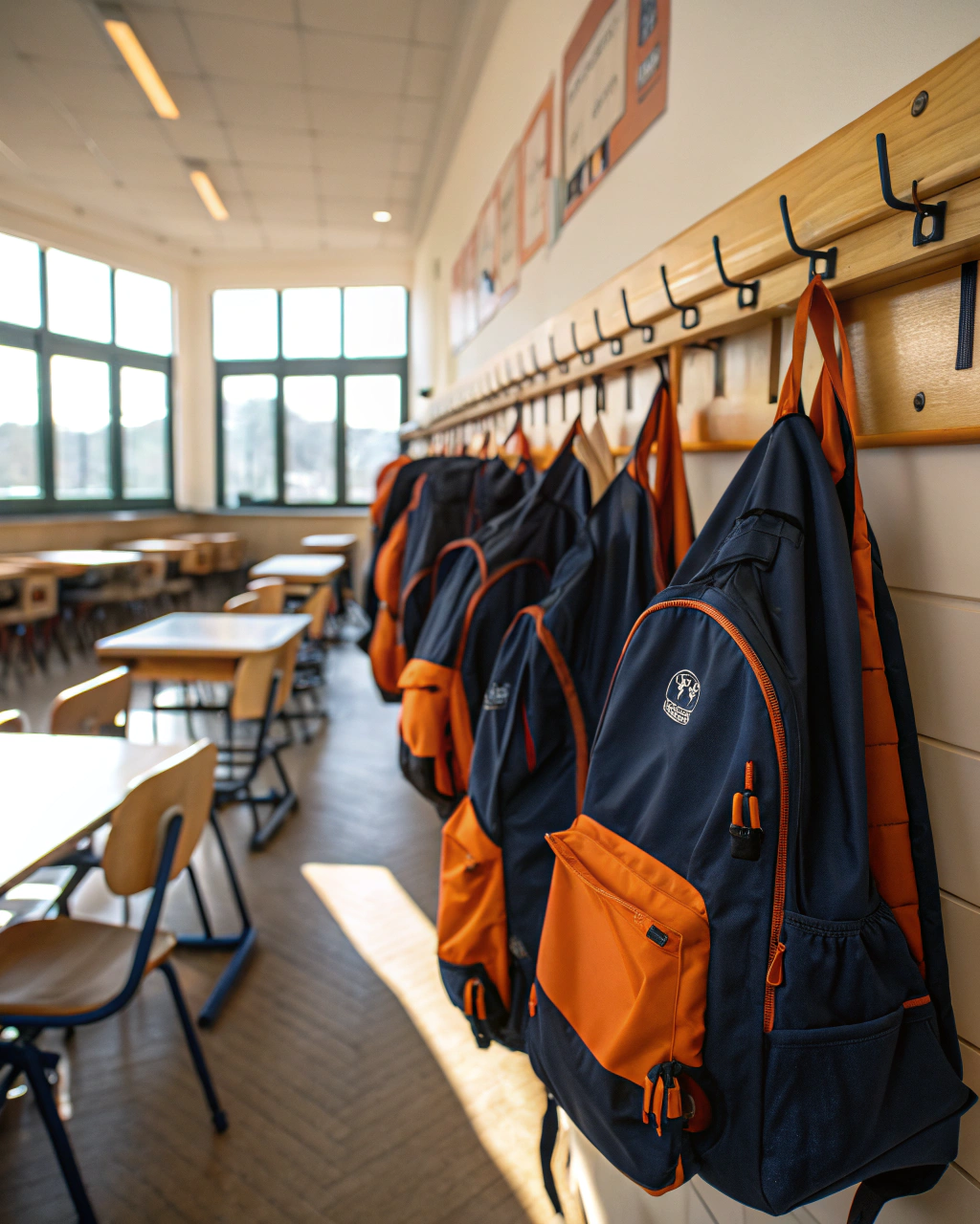 AI generated image by Red Panda AI: mochilas escolares, colgadas en un perchero de madera largo, en un aula de un colegio, que predominen los colores azul oscuro y naranja
