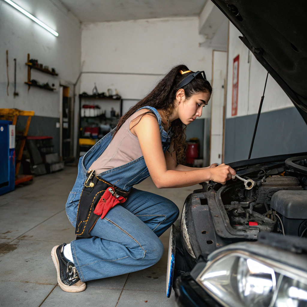 AI generated image by Red Panda AI: una chica reparando su coche