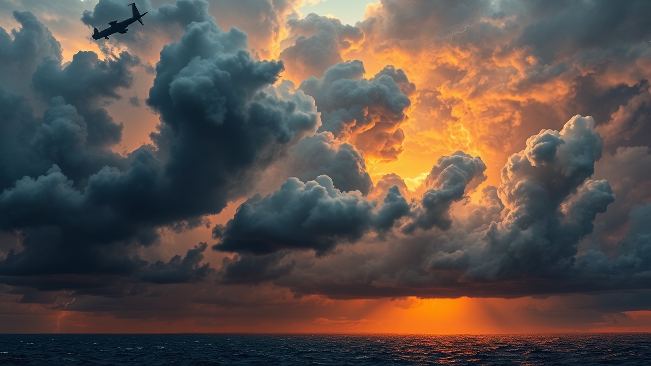 AI generated image by FLUX.1-schnell: A dramatic scene depicting the sky with dark grey and blue clouds on the ocean, as if torn from the heavens, set against a backdrop of a warm orange-yellow glow, evoking a sense of chaos and destruction, with streaks of lightning illuminating the turbulent clouds, with a sense of movement and energy capturing the intense turmoil, the atmosphere thick with an ominous and foreboding mood, as if the very fabric of reality is unraveling, with the sky itself appearing to be tearing apart, revealing a glimpse of an otherworldly, fiery realm beyond.
