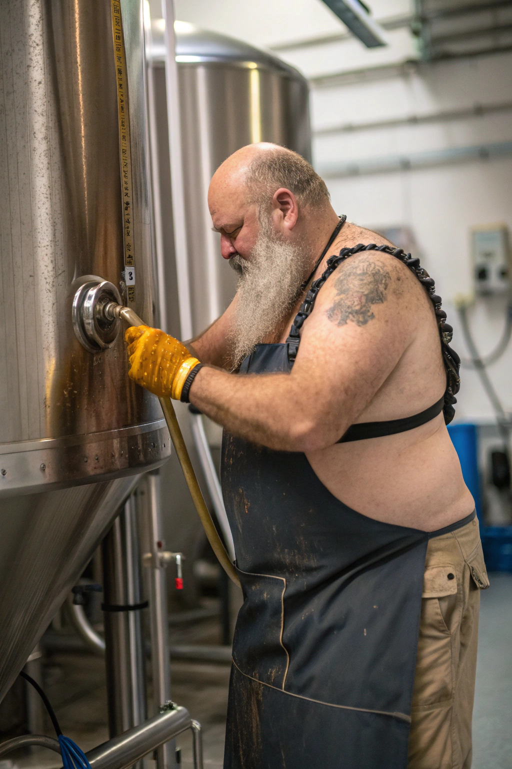 AI generated image by Red Panda AI: a 50 year old hirsute man at the brewery making beer. Man has heavy amount of body hair, hairy chest pattern, expanding his bloated bearded-belly, bald head, white goatee