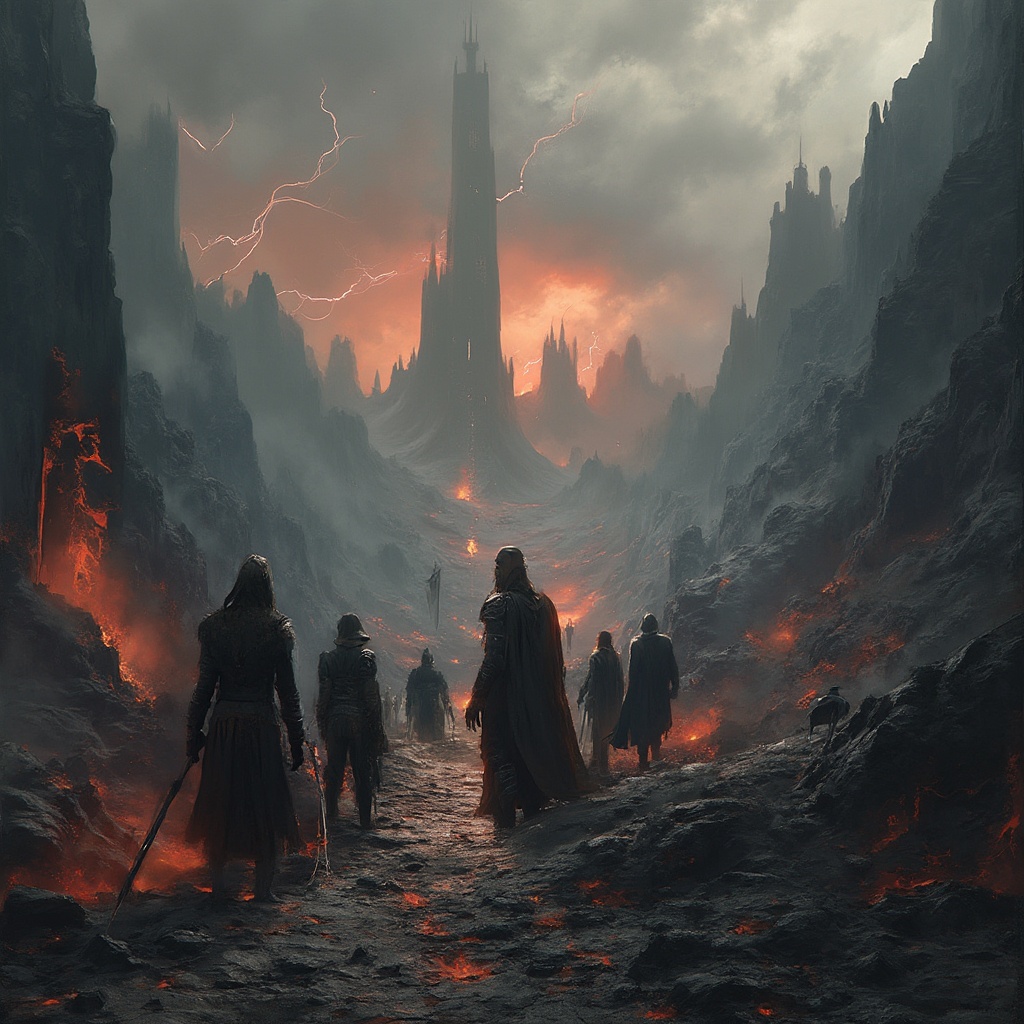 AI generated image by FLUX-Realism-Lora: Create an apocalyptic landscape inspired by Mordor with dark, jagged mountains and rivers of molten lava. Show shadowy figures standing amidst the cracked, barren earth—armored warriors with tattered, dark cloaks and worn, battle-scarred weapons. Some characters wear ominous helmets or carry banners with torn, sinister symbols. In the distance, towering dark towers loom, casting eerie shadows. Fiery orange and red glows highlight the somber scene, with thick clouds of smoke filling the sky, and occasional flashes of lightning. The characters should appear determined yet weary, as if preparing for a final, desperate battle in this grim, forsaken land.