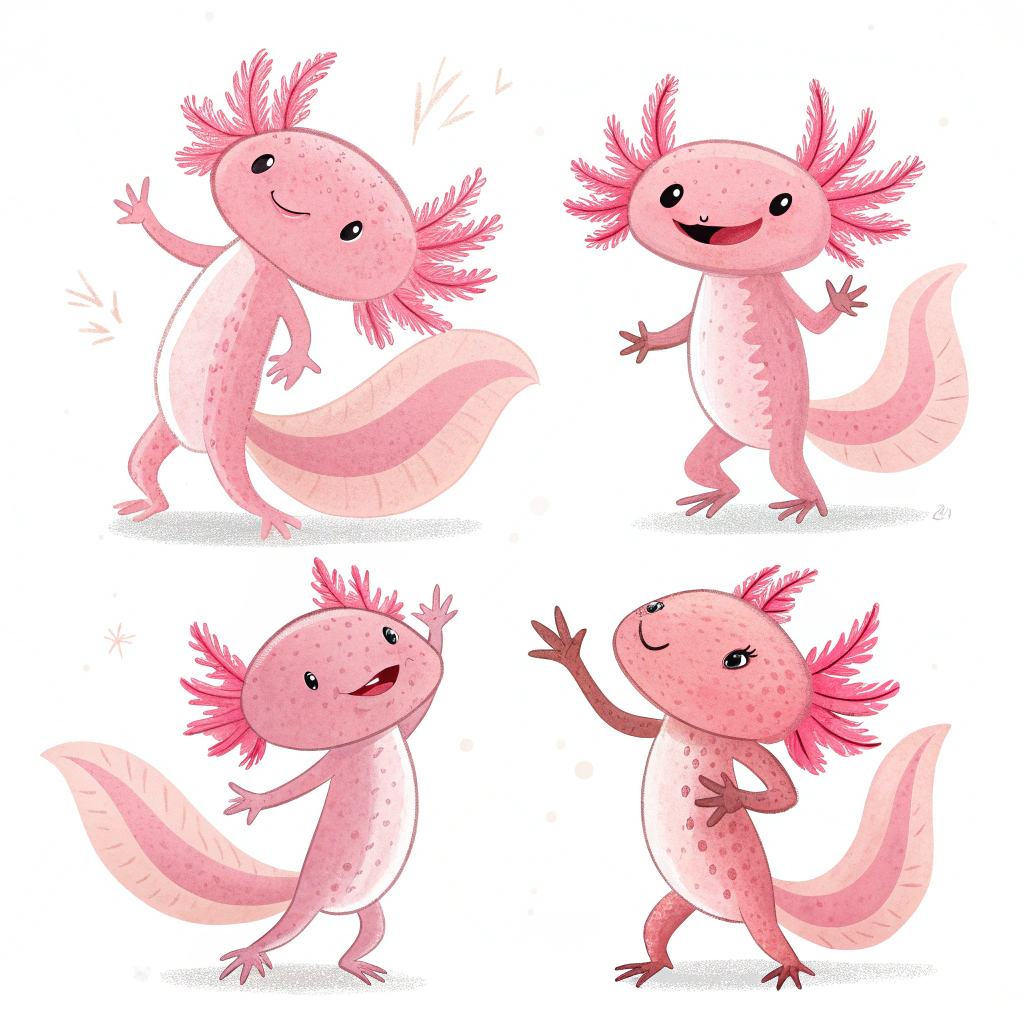 AI generated image by Red Panda AI: Genera un Ajolote rosado, el cual tenga cuatro opciones en donde la primera opción deberá ser un Ajolote bailando segunda opción un Ajolote dando un abrazo tercera opción un Ajolote con un saludo loco, cuarto opción, un Ajolote chocando las palmas de la mano con otro