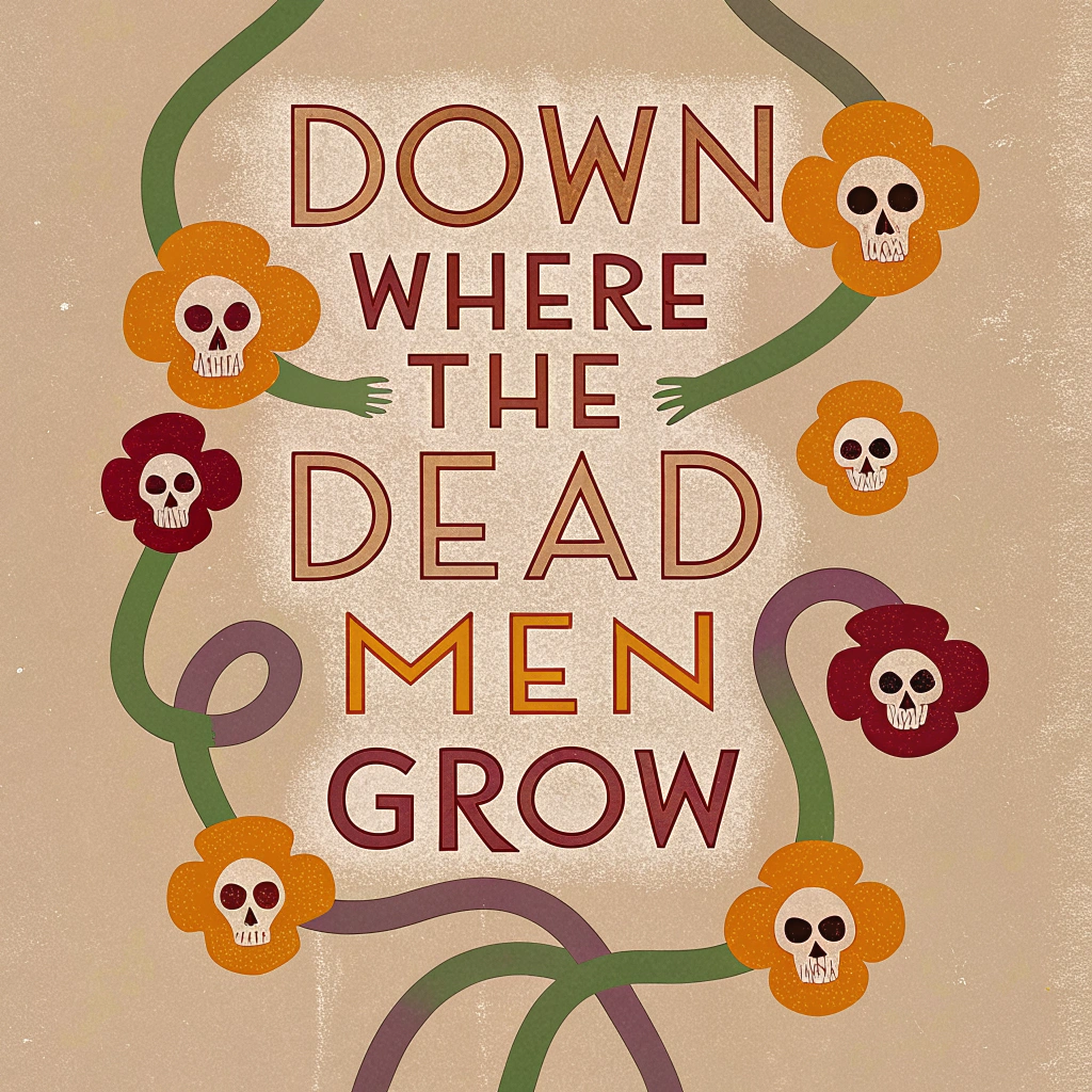AI generated image by Red Panda AI: Book cover for a book called "Down Where the Dead Men Grow" with themes centered around skulls and floral motifs