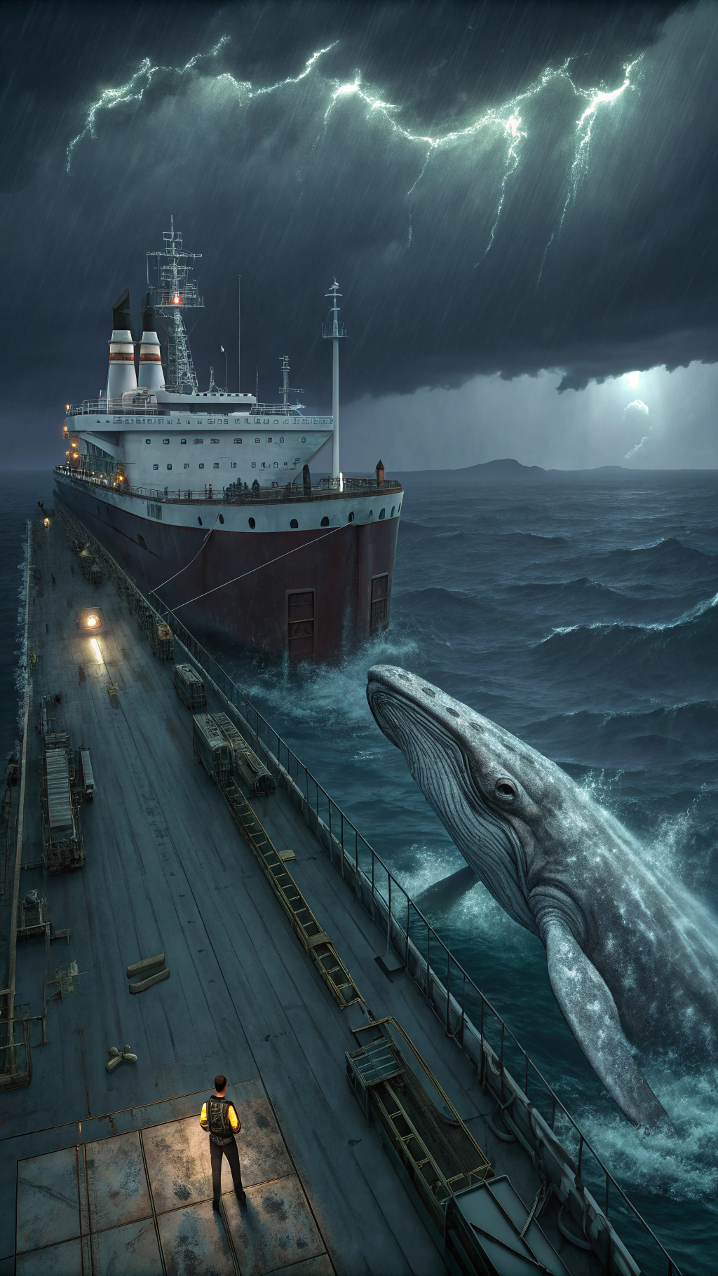 AI generated image by Red Panda AI: On the deck of a massive cargo ship adrift under a dark, stormy night sky, lies a horrifying hybrid of man and whale—a nightmarish entity that defies nature’s laws. The creature’s massive body stretches over half the deck, with its thick, mottled skin a haunting blend of ghostly white and oceanic gray, covered in rough, barnacle-like patches that resemble a mixture of human skin and whale hide. Its head is an unsettling combination of a whale’s massive, square jaw and faintly human-like features, with cold, intelligent eyes sunken deep in dark sockets. These eyes, bloodshot and lifeless, give the impression of a predatory mind and seem to follow anyone nearby, casting an unnerving chill over the scene. Thick baleen teeth line its open mouth, dripping with dark, viscous fluid that pools ominously around the creature’s head.