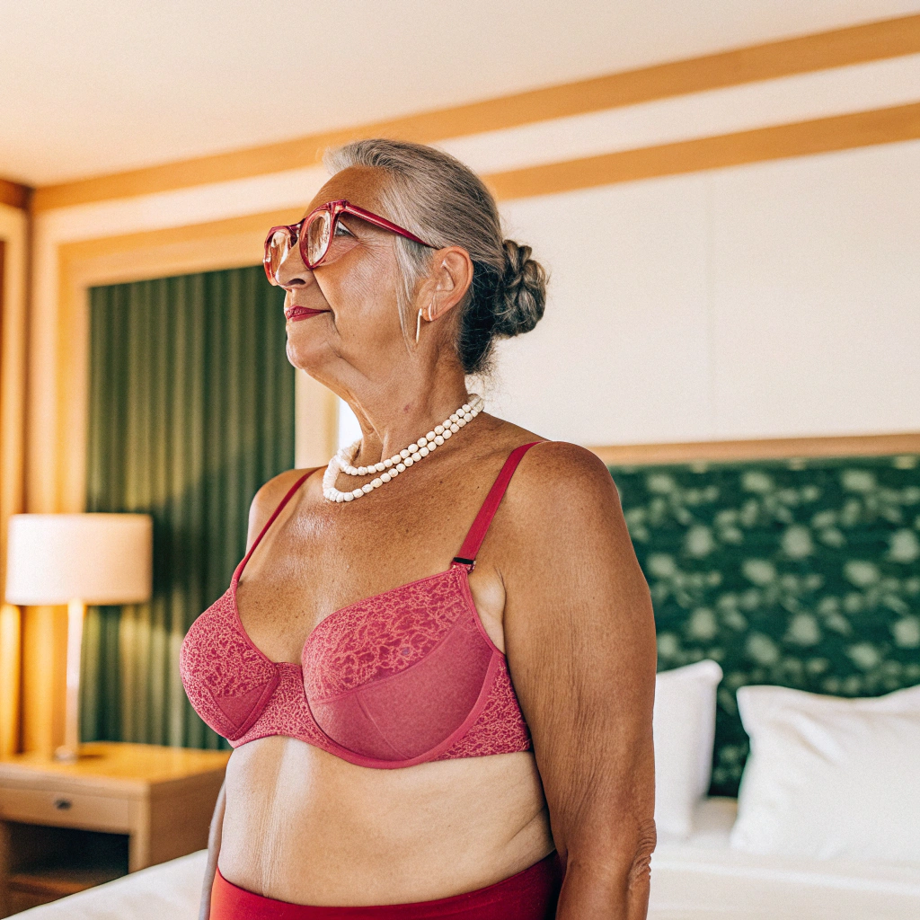AI generated image by Red Panda AI: imagen de medio cuerpo, mujer de 70 años, con gafas, pelo gris recogido en un moño, con collar de perlas, pechos pequeños, en sujetador de encaje, dentro de la habitación de un hotel
