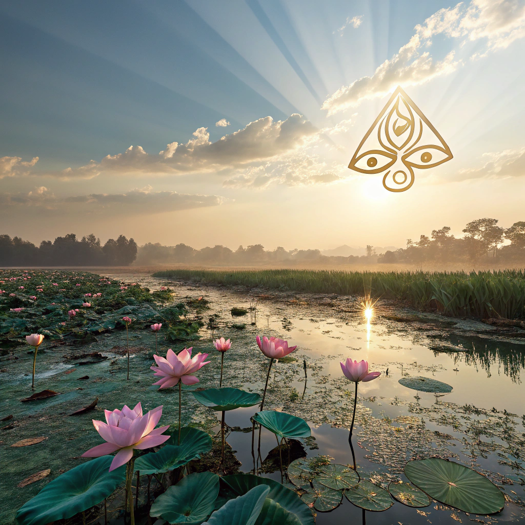 AI generated image by Red Panda AI: A hyper-realistic mystical landscape at golden hour, featuring a majestic Eye of Horus floating above blooming lotus fields. Ancient Egyptian symbols etched in gold, rays of sunlight casting ethereal shadows, vibrant turquoise water reflecting sacred geometry patterns.