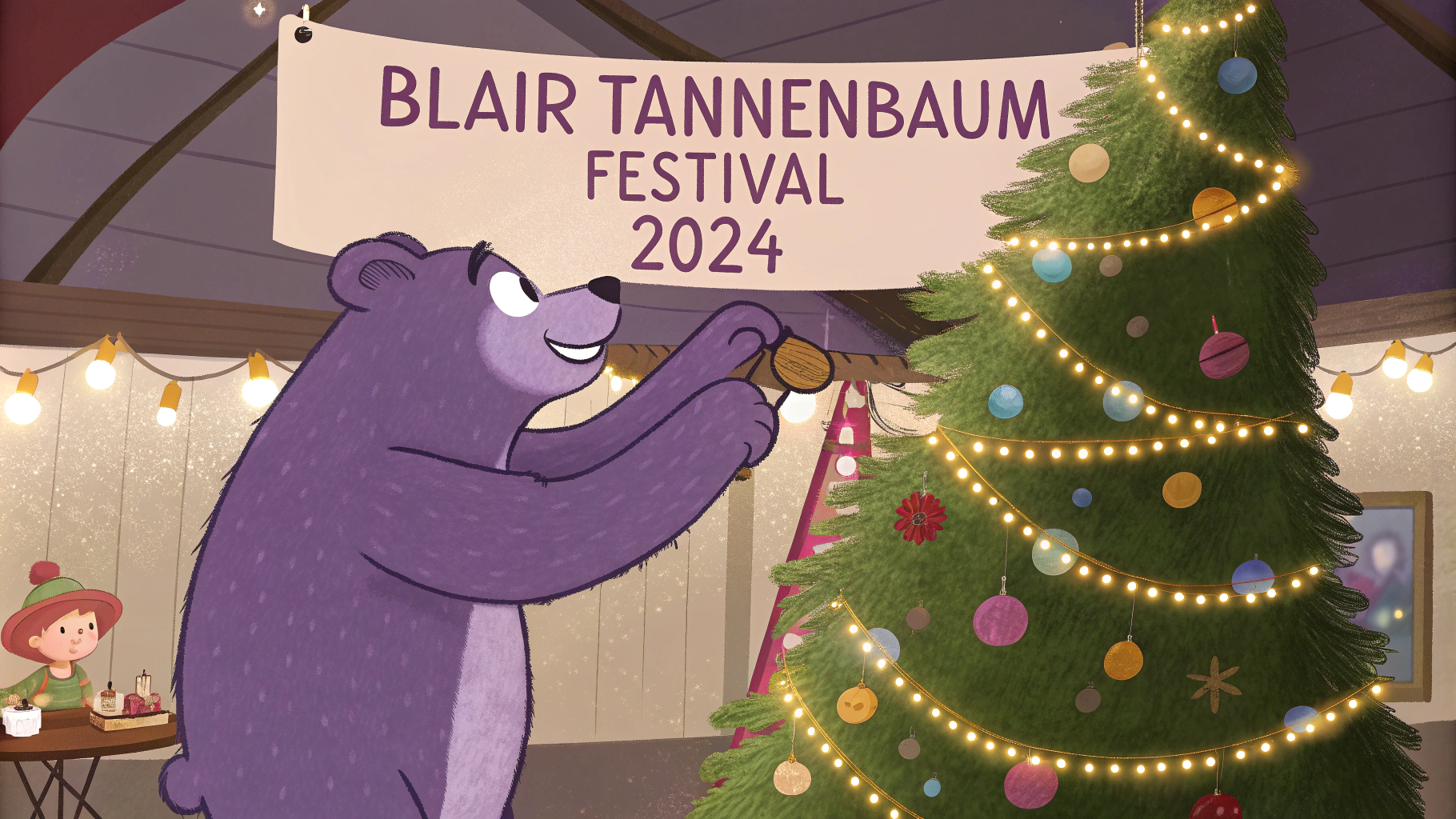 AI generated image by Red Panda AI: purple bear puts an ornament on a Christmas Tree, there is a banner that says, "Blair Tannenbaum Festival 2024"