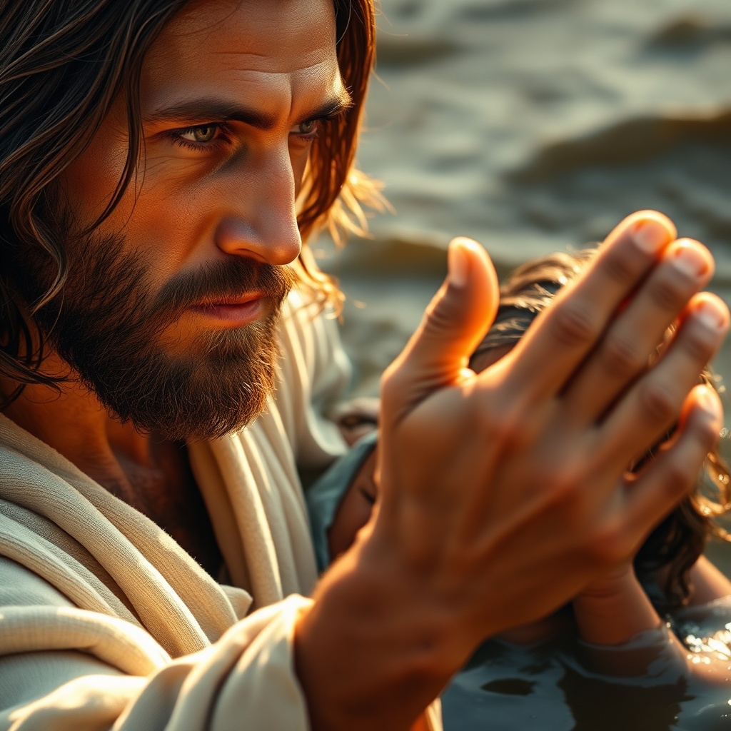 AI generated image by FLUX.1-schnell: The scene opens with an intense close-up of Jesus, capturing the details of his face—calm yet resolute, with gentle eyes that convey compassion and strength. His features are soft yet defined, framed by shoulder-length brown hair and a trimmed beard, embodying a serene, timeless presence. The camera pans slightly downward, focusing on his hand extended firmly yet tenderly to the distressed mother in the water. His robes are in neutral tones of cream and beige, the fabric rippling gently in the breeze, adding a sense of divinity and warmth. The light around him is golden and slightly ethereal, casting a soft glow that emphasizes his otherworldly aura and contrasts with the dark, muddy floodwaters around him.

The camera shifts to a close-up of the mother, her face drenched in desperation and fear, as she clutches her child tightly. Her wet hair clings to her face, tears streaming down her cheeks, her gaze locked on Jesus as she reaches up to grasp his hand with all her remaining strength. Her grip reveals tension and hope, while her worn green dress, soaked by the torrent, adds to the raw, realistic portrayal of her struggle. The child in her arms, initially frightened by the chaotic water, notices Jesus’ presence, and the expression shifts from fear to a subtle smile of relief and joy, a glimmer of trust forming in their young eyes. The child’s small hand reaches out as if wanting to connect, feeling comfort in Jesus’ presence.

The camera gently pulls back, creating a wide shot that captures the overall scene: Jesus anchored on the wooden bridge, stabilizing the mother and child against the relentless current. Surrounding them are remnants of destroyed wooden houses, tilted and crumbling, framed by a somber sky in hues of gray and gold. Shot in IMAX quality, with ultra-smooth, coherent movement, hyper-realistic detail, and ultra-high-definition, this cinematic moment achieves masterful, award-winning cinematography, balancing realism and divinity in a timeless, emotionally powerful scene of salvation.