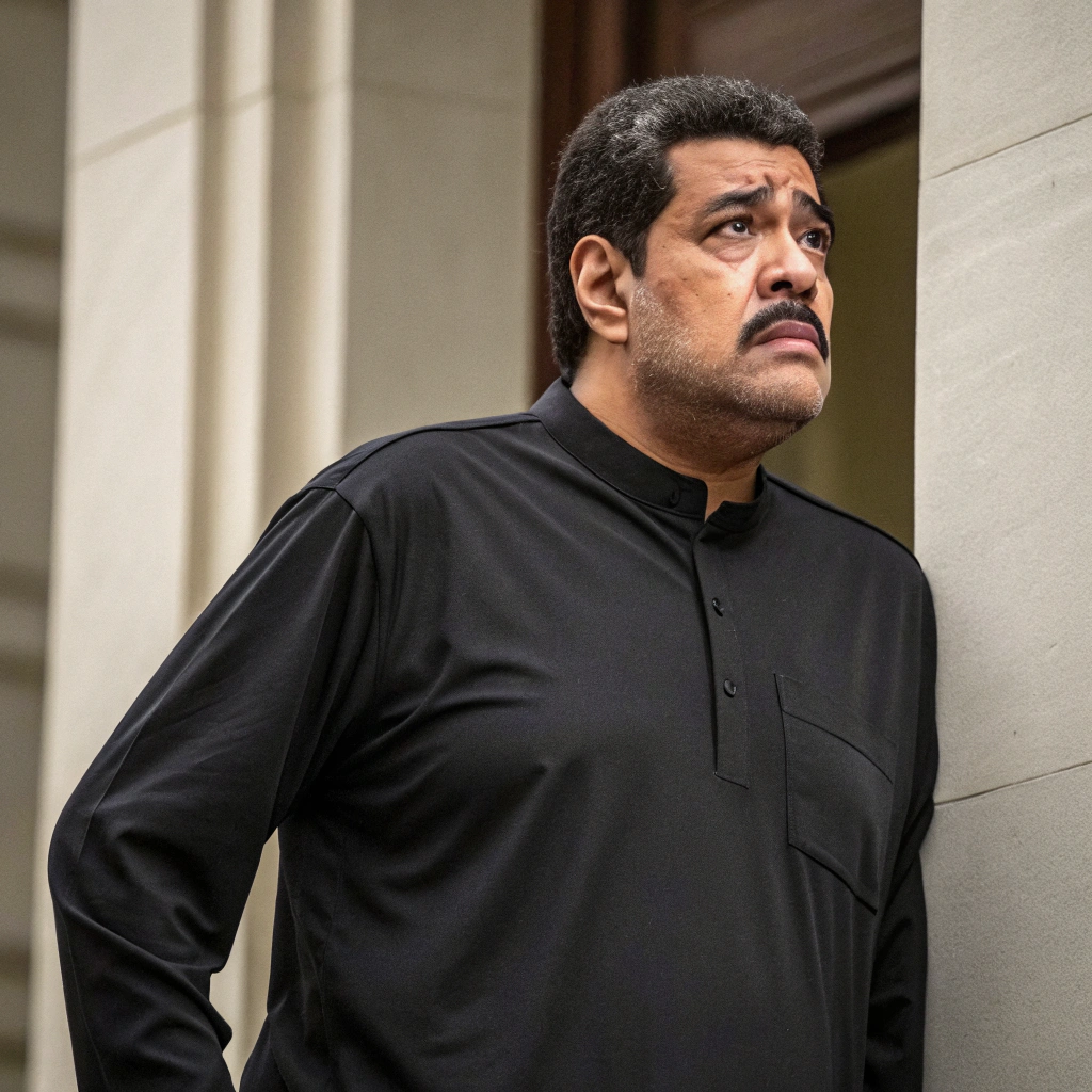 AI generated image by Red Panda AI: nicolas maduro de venenzuela con camisa negra manga larga parado y asustado