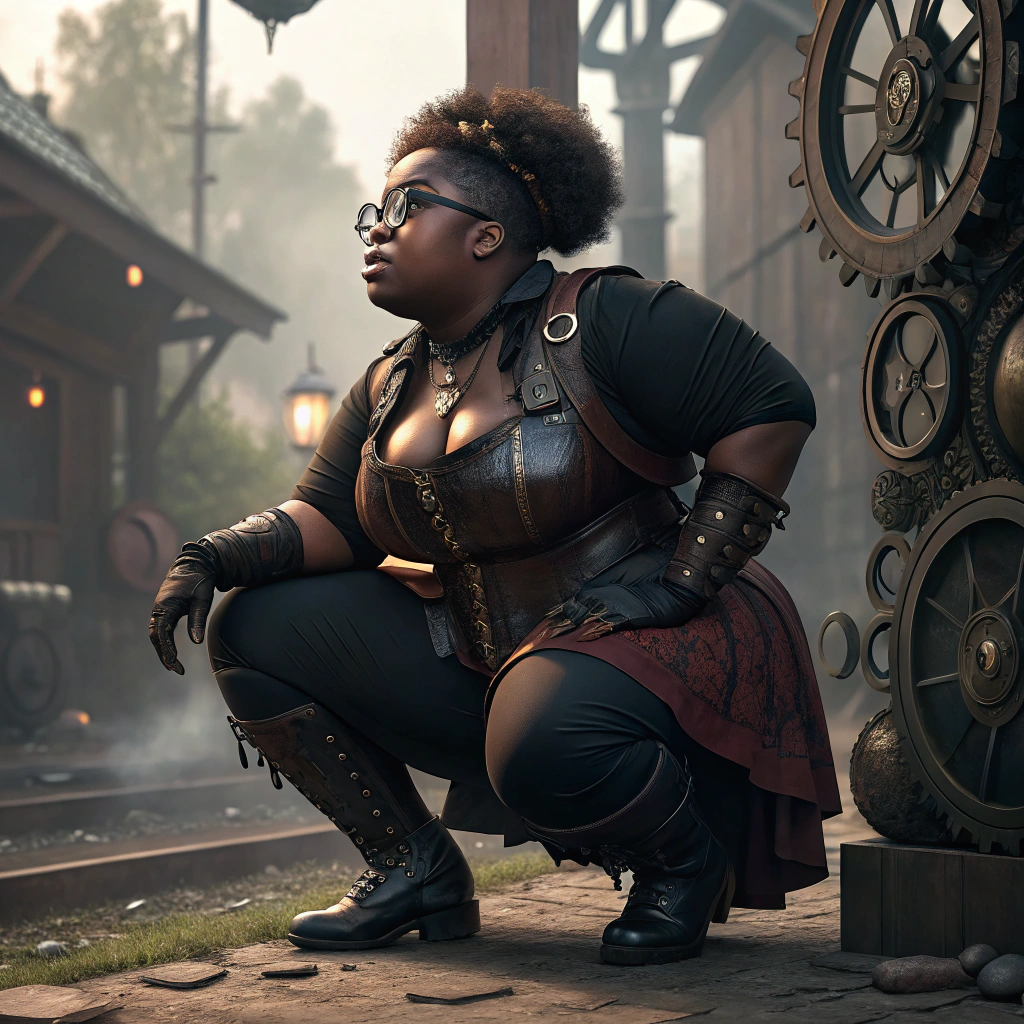 AI generated image by Red Panda AI: Chubby steampunk ebony prostitute with glasses, leather corset and high boots boots is crouching on the ground 