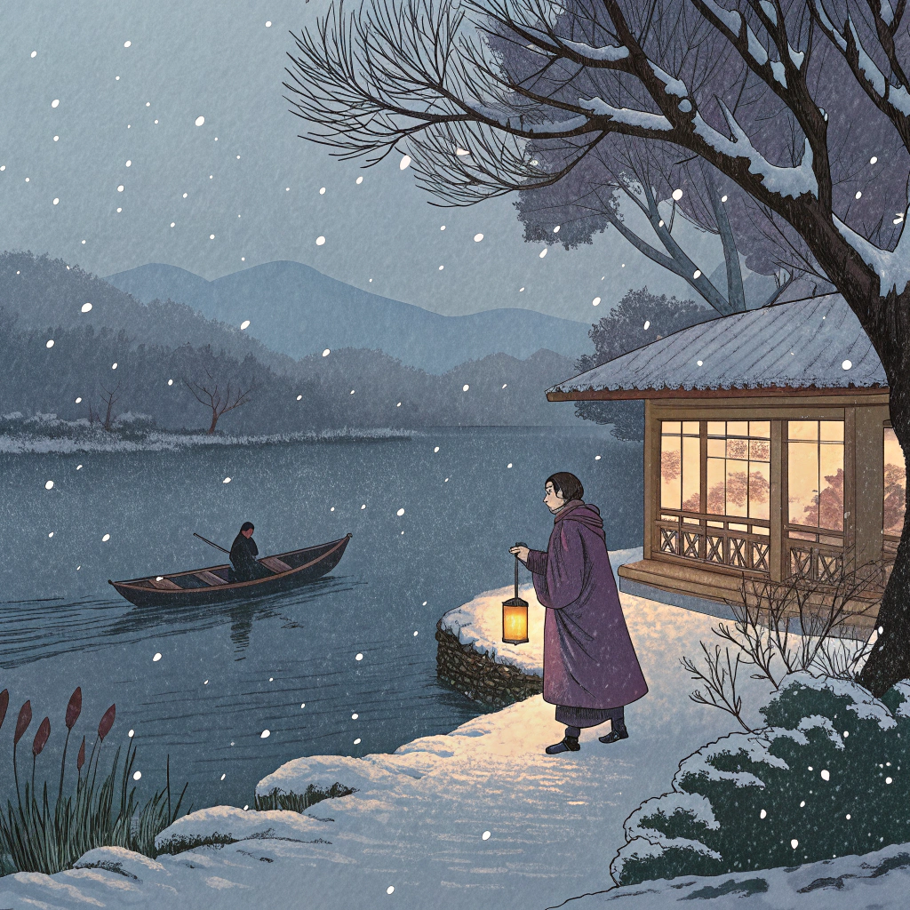 AI generated image by Red Panda AI: On a snowy night, the lake shimmers with silver light. A solitary boat moves slowly, its lantern swaying. A scholar, wrapped in a thick robe and holding warm wine, looks forward to meeting an old friend. The fragrance of plum blossoms wafts through the air as he walks up the path to a warm, lit cottage where his friend awaits with a smile, ready to chat through the long night.
