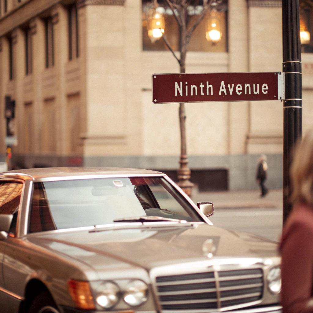 AI generated image by Red Panda AI: A Mercedes-Benz is parked at an intersection. Next to the intersection is a road sign that says this is Ninth Avenue.