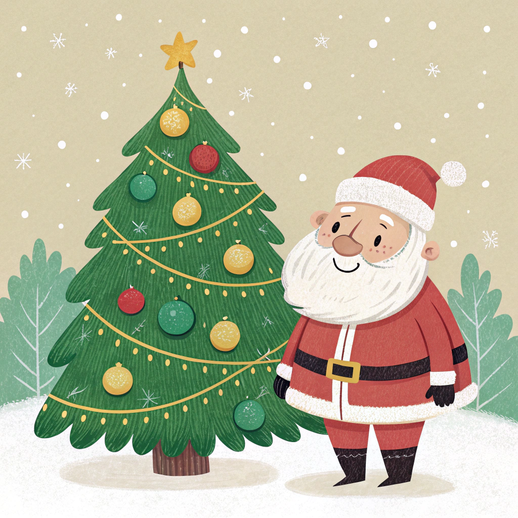 AI generated image by Red Panda AI: 
please design me a Christmas card with Santa Claus and a Christmas tree. Green and gold baubles on the Christmas tree