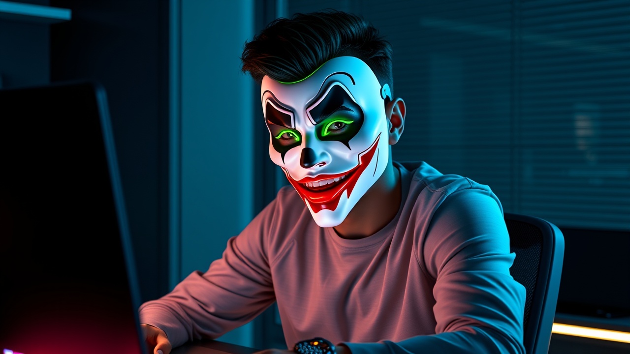 AI generated image by FLUX.1-schnell: “Create a realistic depiction of a young male technology enthusiast wearing a modernized joker mask. The character is in his mid-20s, with a lean yet energetic build, seated at a sleek, high-tech desk in a dimly lit room. The joker mask has a white base with exaggerated, digitally enhanced red lips and neon green accents around the eyes. Subtle LED lights on the mask flicker, giving it a futuristic and playful appearance, while still exuding a sense of mystery.
