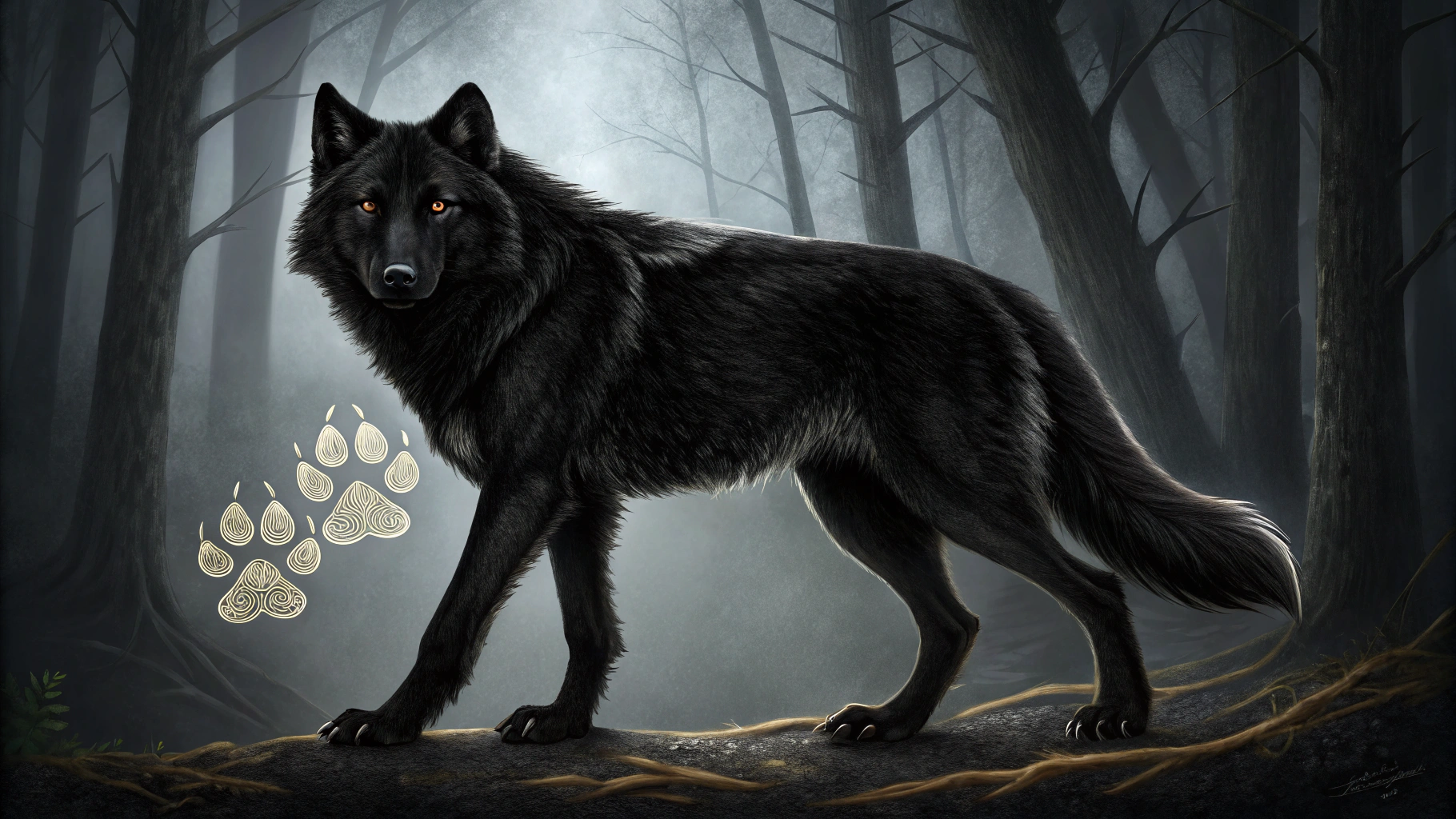 AI generated image by Red Panda AI: I want a black wolf with panther's paws and tail