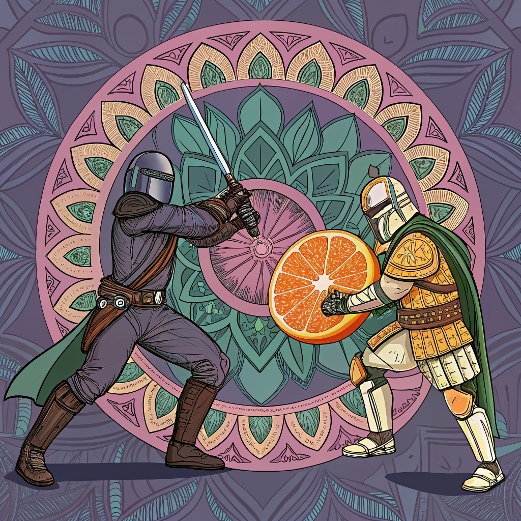 AI generated image by Red Panda AI: Mandalorian fighting with a mandarin in mandala