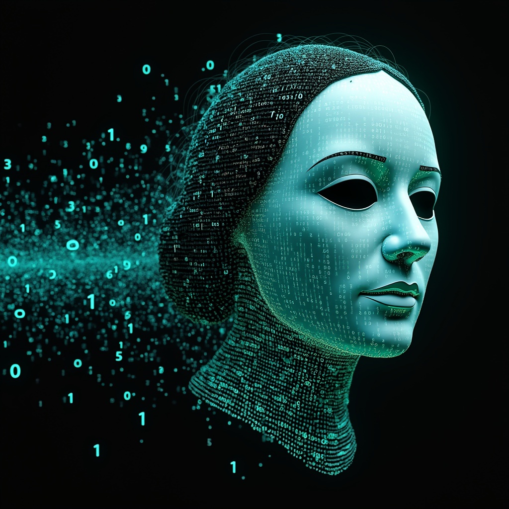 AI generated image by FLUX.1-pro: Ada Lovelace's face as a digital mask made from thousands of turquoise numbers and formulas forming his face. the formulas and numbers fly behind the mask leaving a trail of complexity. the mask is floating dynamically in mid air. his head is turned to the right but his eyes are looking directly into the camera. the mask is on a black background.  like a png with black only background. photo realistic, sci-fi, human features hair