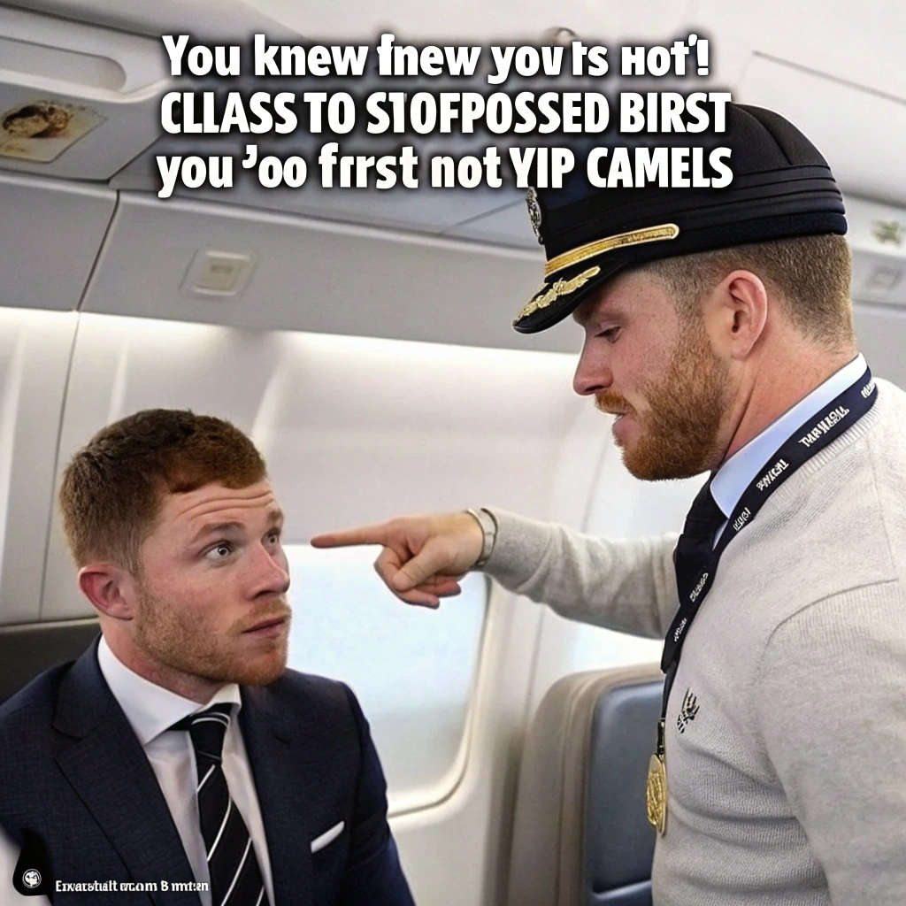 AI generated image by Red Panda AI: A photo of a commercial airline pilot confronting soccer superstar canelo alvarez in first class. The pilot is pointing at Hamilton and saying, "You know, you're not supposed to be in first class. You're not a VIP." canelo alvarez, dressed in ordinary clothes, looks taken back and tries to explain his situation. The pilot, however, continues to berate him and makes snide comments. canelo alvarez character is revealed to be humble and patient despite the humiliation.