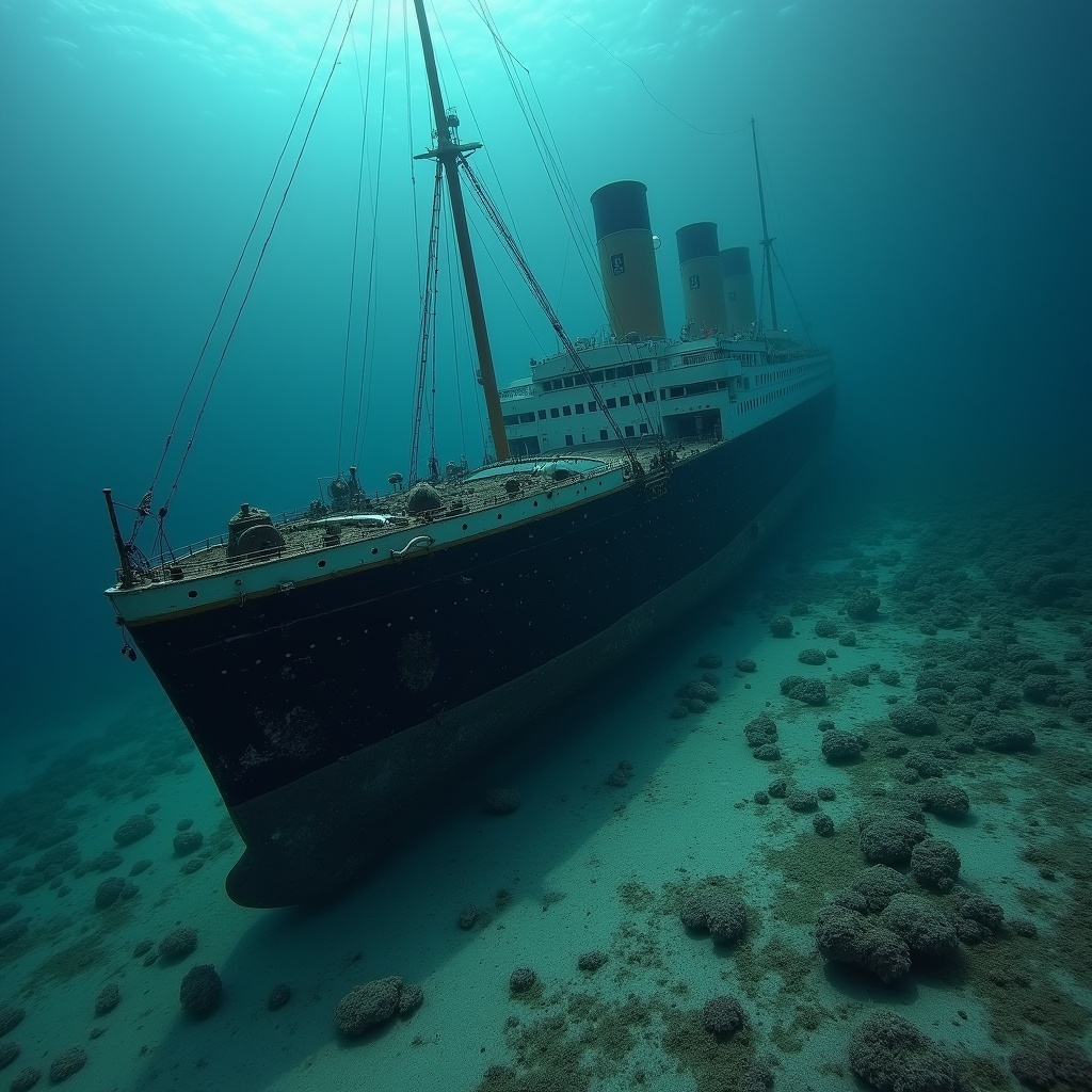 AI generated image by FLUX.1: the shipwreck of titanic on the totaly dry sea bottom 