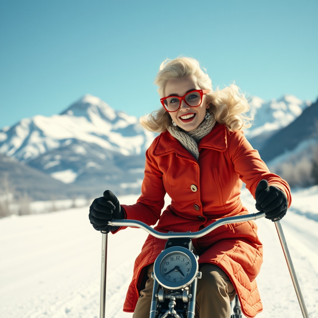 AI generated image by FLUX.1-schnell: Eine blonde Frau im Stil der 1950er Jahre fährt mit skiern über eine Skipiste ins Tal, im hintergrund schneebedeckte berge und blauer himmel, comicesteel

