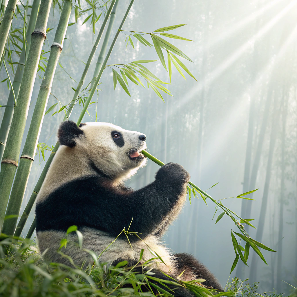 AI generated image by Red Panda AI: 熊猫，吃竹子，阳光，竹林