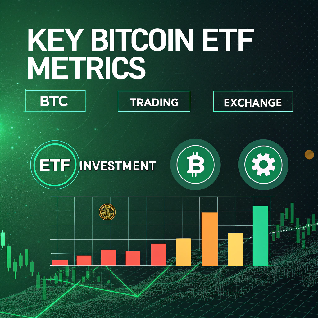 AI generated image by Red Panda AI: Futuristic banner for a blogpost, with de-fi green and black background and scale colors and background of  BTC, trading, exchange, ETFinvestment, in a tech article style. Big title "Key Bitcoin ETF Metrics"