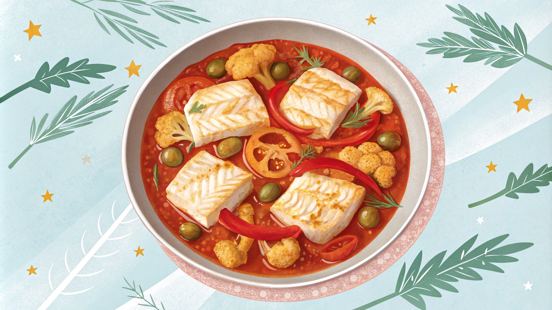 AI generated image by Red Panda AI: Create an illustration of Bacalao a la Vizcaína, showing pieces of cod in a rich tomato sauce with strips of roasted peppers, cauliflower florets, and green olives. Present the dish in a simple bowl with elegant textures. The background should feature a soft pastel gradient with subtle holiday motifs like pine branches or star patterns. Use bold, flat colors and clean lines, leaving space for text on one side, ideal for a recipe book spread. Focus on warmth and tradition while keeping the composition festive and minimal.