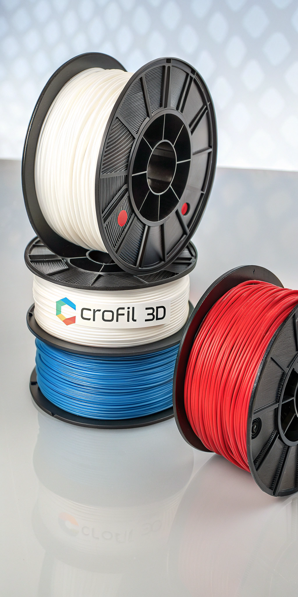 AI generated image by Red Panda AI: Professional photo showcasing high-quality 3D printer filament spools produced by CROFIL 3D. The image focuses on vibrant, neatly stacked spools in colors such as black, white, blue, and red, highlighting the smooth, consistent texture of the filament. The setting is a clean, well-lit studio environment with a subtle background that emphasizes the products. Branding for CROFIL 3D is subtly visible on each spool, ensuring a professional appearance. The overall atmosphere should convey quality, precision, and dedication to sustainable 3D printing solutions.