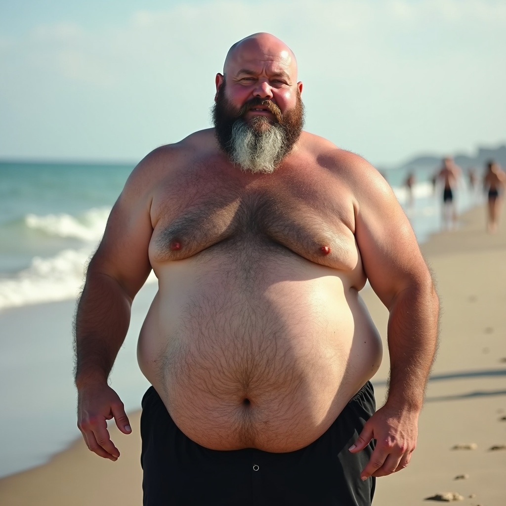 AI generated image by FLUX.1-pro: a bulky and slightly overweight 50 year old hirsute butcher at the beach stretching. Man has heavy amount of body hair, hairy chest pattern, expanding his bloated heavy bearded-belly, bald head, brown and white goatee