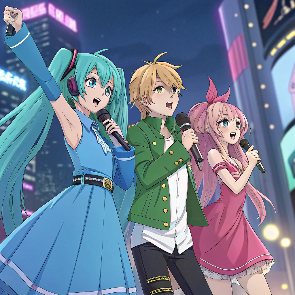 AI generated image by Red Panda AI: haz un collab de miku, len y luka los vocaloid juntos estilo anime 