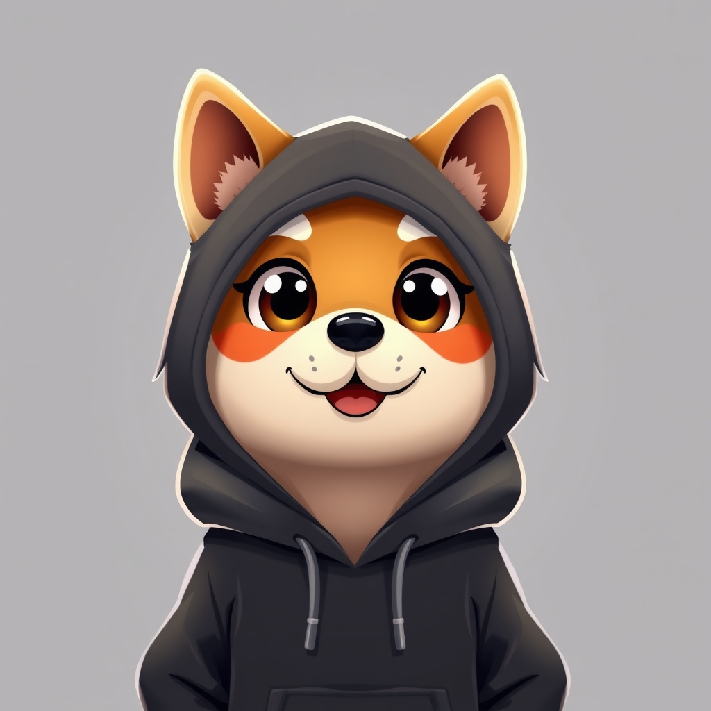 AI generated image by FLUX.1-schnell: 2d cartoon style image of Shiba Inu dog in a black hoodie with large cute eyes