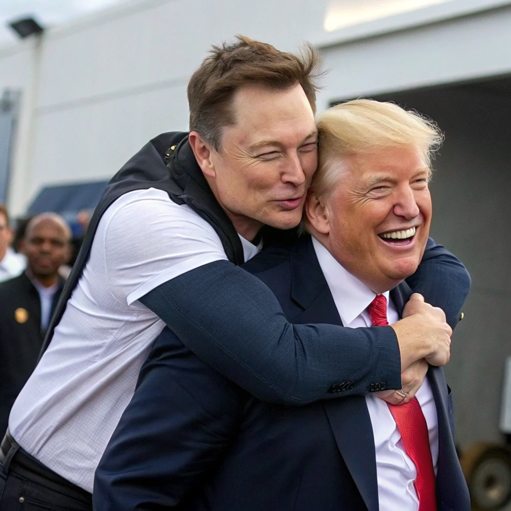 AI generated image by FLUX.1-schnell: Elon musk gives Donald Trump a piggyback 