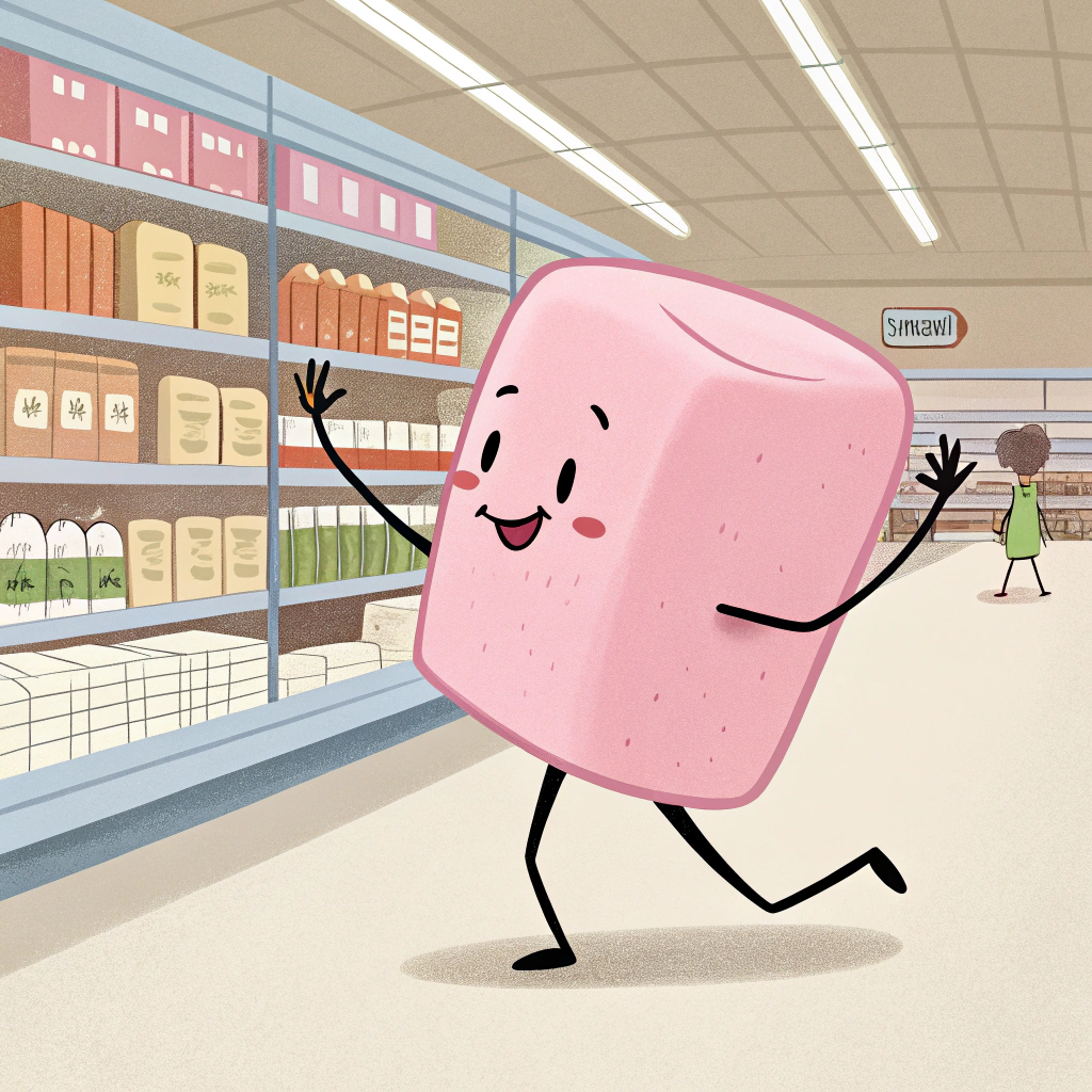 AI generated image by FLUX.1-schnell: Pink marshmallow man with stick figure arms and legs, doing a dance in a supermarket