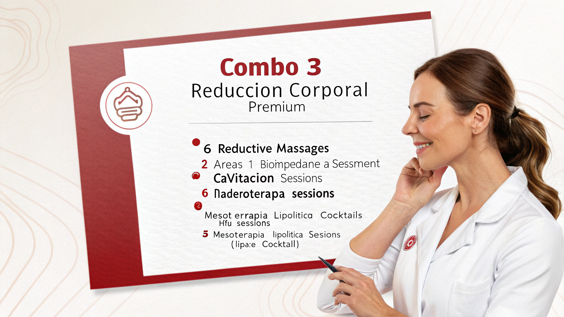 AI generated image by Red Panda AI: Combo 3 - Reducción Corporal Premium
Precio: RD$12,500

Incluye:

6 Masajes reductores (2 áreas).
1 Evaluación con bioimpedancia.
2 Sesiones de cavitación.
6 Sesiones de maderoterapia.
2 Cócteles de mesoterapia lipolítica.
2 HIFU corporal (2 áreas).
5 Sesiones de mesoterapia lipolítica (cóctel lipasa).
Regalo:

5 Masajes reductores adicionales.