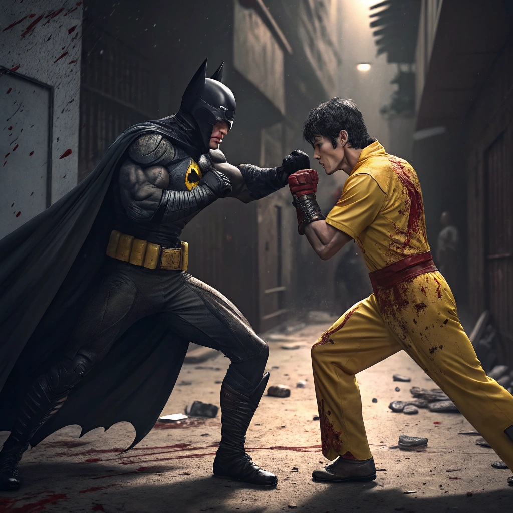 AI generated image by Red Panda AI: Batman fighting Bruce Lee in a gory ultra realistic fight scene