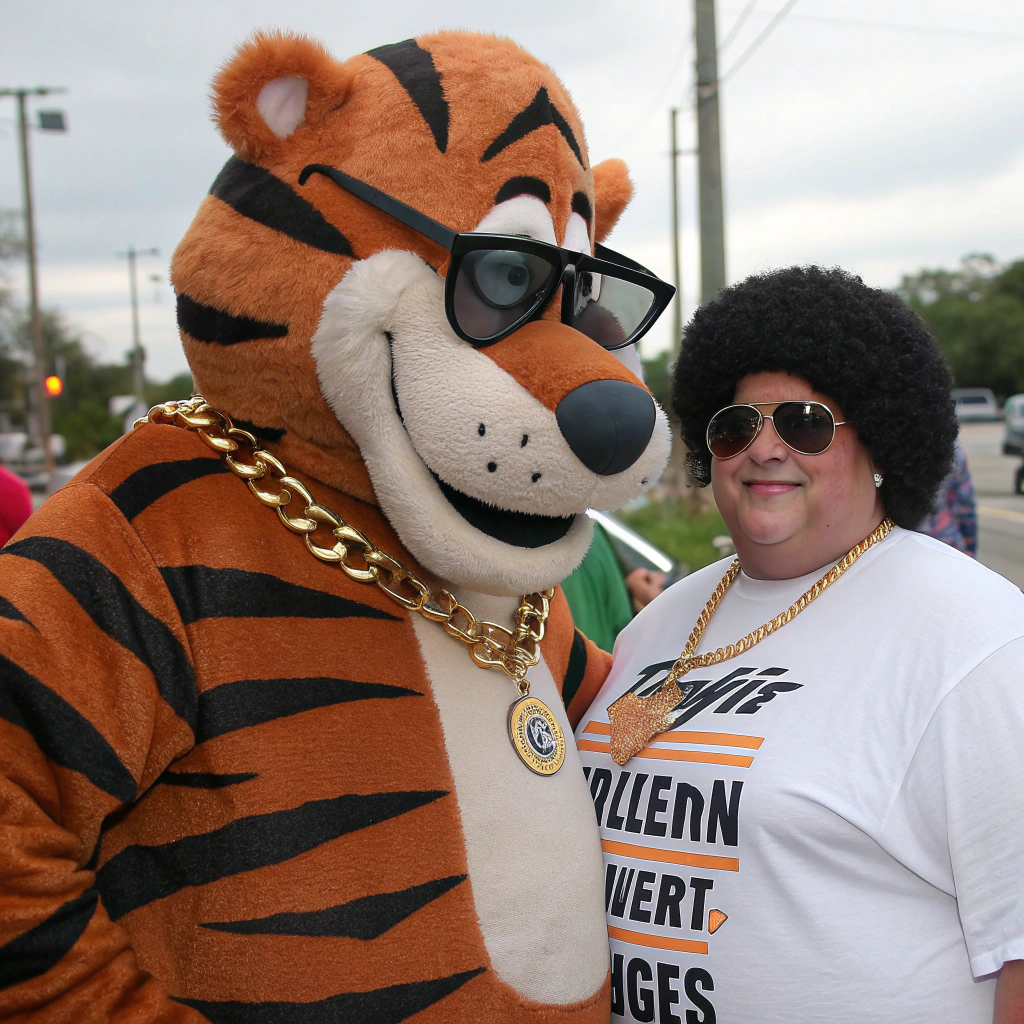 AI generated image by Red Panda AI: “Generate an original cartoon tiger character, not based on any existing character, with brown and dark-brown stripes in a friendly, playful children’s-storybook style.” And, give him gold chain, holding and dark sunglasses, with a big afro and smoking a menthol cigarette, with a white woman that is overweight.  The woman is wearing a shirt that clearly says
