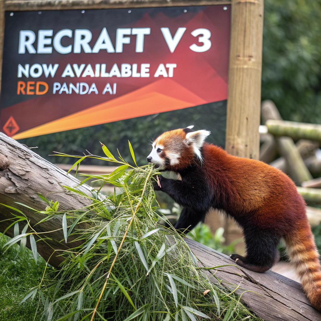 AI generated image by Red Panda AI: a red panda eating a bamboo in front of a poster that says "recraft V3 now available at red panda ai
