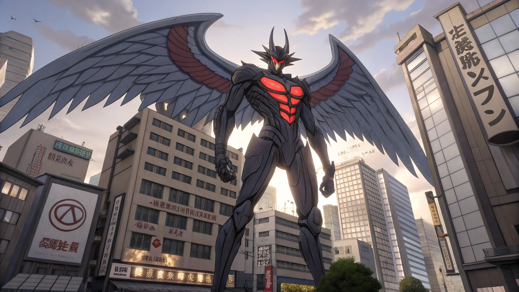 AI generated image by Red Panda AI: Crea un nuevo monstruo para el anime Neongenisis Evangelion. El monstruo tiene que ser grande, con alas y el núcleo rojo expuesto. Está en la ciudad de Tokio-3, con edificios con el símbolo de Nerv, de día. El estilo tiene que ser igual que el de la serie, ESTILO ANIME 90’S!!