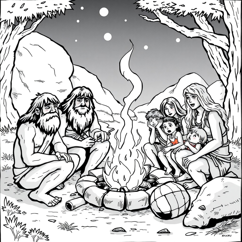 AI generated image by FLUX.1-schnell: black and white comic in the style of funny where a three prehistoric men and 3 prehistoric women and 2 children are sitting around a fire about to eat some cooked meat