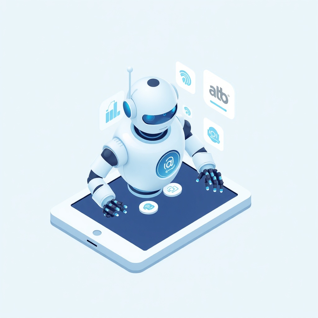 AI generated image by FLUX.1-schnell: AI robot generating logo ideas on a digital tablet, flat vector illustration, minimal isometric perspective, soft blue and white color palette, rounded shapes, thin outline stroke, smooth shadows, tech startup aesthetic, clean interface elements, playful yet professional tone, subtle gradients, icons8 ouch style