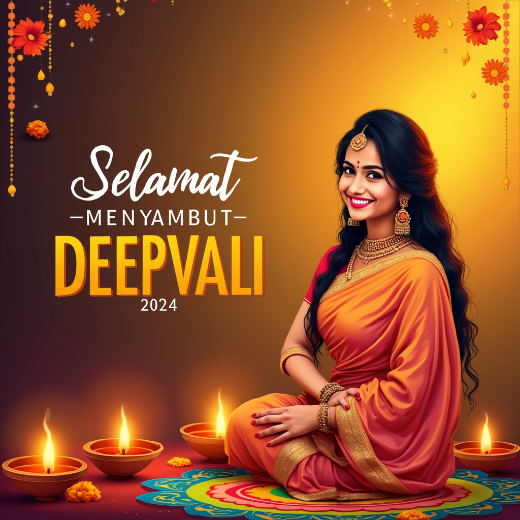 AI generated image by FLUX.1-pro: A vibrant Deepavali greeting card featuring traditional elements like lit oil lamps (diyas), colorful rangoli patterns, and vibrant marigold flowers. The background has warm, festive colors such as gold, orange, and red, with sparkles to enhance the celebratory feel. On the side, add a beautiful Indian woman dressed in traditional attire, smiling joyfully. Include bold, elegant text that reads “SELAMAT MENYAMBUT DEEPAVALI 2024.” The composition should reflect joy, warmth, and the spirit of togetherness, with the woman placed to the side to complement the message.
