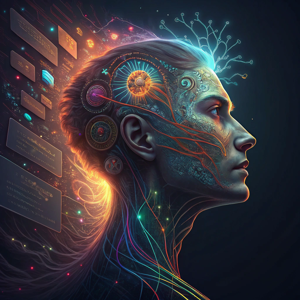 AI generated image by Red Panda AI: “Un retrato digital hiperrealista de un rostro humano futurista simbolizando la inteligencia artificial, con texturas detalladas que combinan circuitos electrónicos y patrones geométricos brillantes fusionados con la piel. Corrientes de luz multicolor, parecidas a ríos de energía, fluyen dinámicamente alrededor de la cabeza, creando una sensación de movimiento. El fondo es oscuro pero vibrante, lleno de símbolos de conocimiento y tecnología como libros abiertos, engranajes, bombillas encendidas y conexiones neuronales, con un diseño abstracto que evoca creatividad y ciencia. El estilo combina detalles ultrarrealistas con elementos artísticos luminosos, destacando colores vivos, reflejos brillantes y efectos etéreos.”