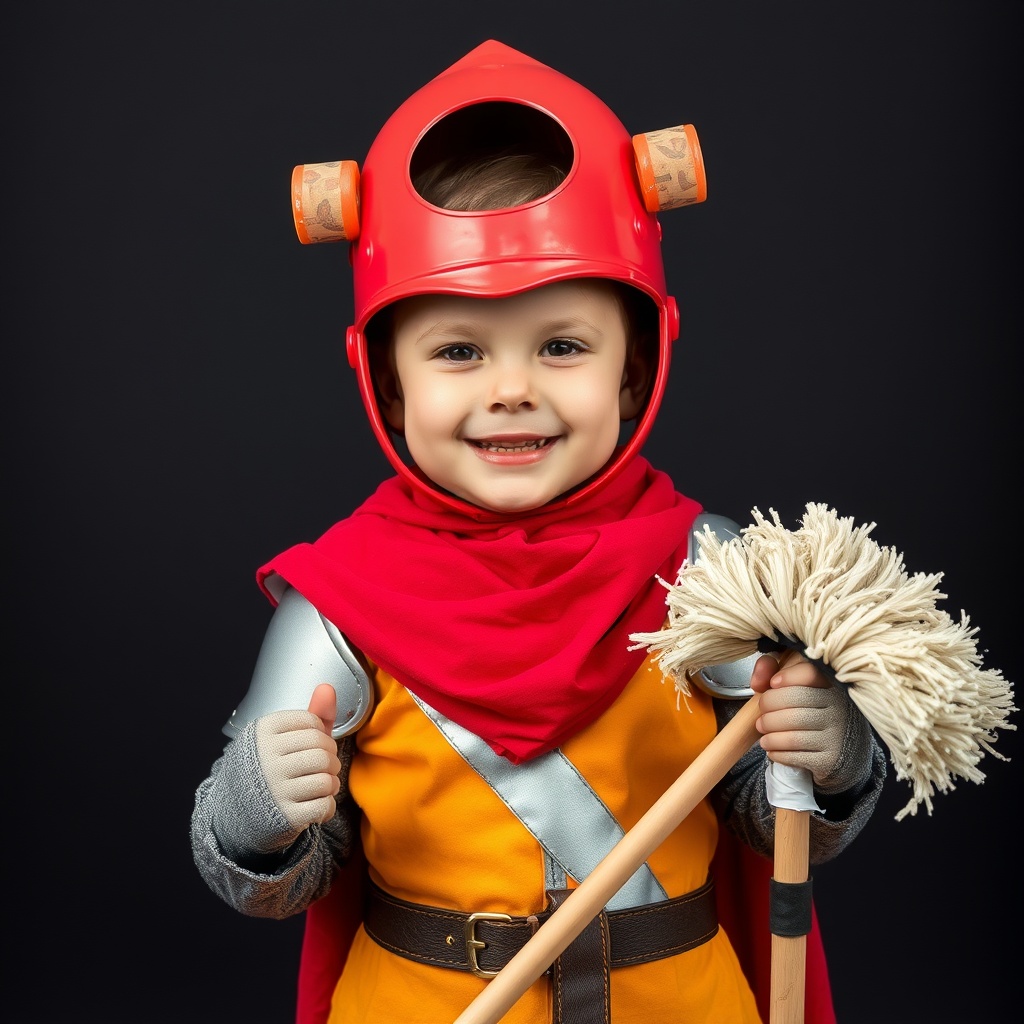 AI generated image by FLUX.1-schnell: A 5 year old kid in a costume for kids party at school or kindergarten made out of items from DIY store. There should be no elements on the kid that are not made out of DIY store items. The costume of the kid consists of the bucket with a hole in it for kid's face that is put over kid's head to resemble a helmet of a knight. Paint rollers are mounted with the tape to the bucket as helmet decoration. Water pipe cut in half is put over each kid's shoulder to emulate knight's armour. A mop in kid's hands resembles a spear. The overall outfit looks cute and funny. The kid is glowing with happiness. The background behind the kid is of a solid dark, almost black color.