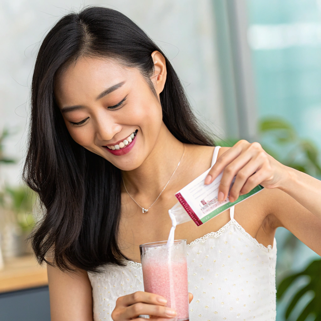 AI generated image by Red Panda AI: Create a command for AI to generate an image of a beautiful Asian woman with black hair, aged 25-28, pouring powdered collagen from a small sachet into a tall glass. She is smiling brightly with a fresh and charming expression, shown in a half-body shot.
